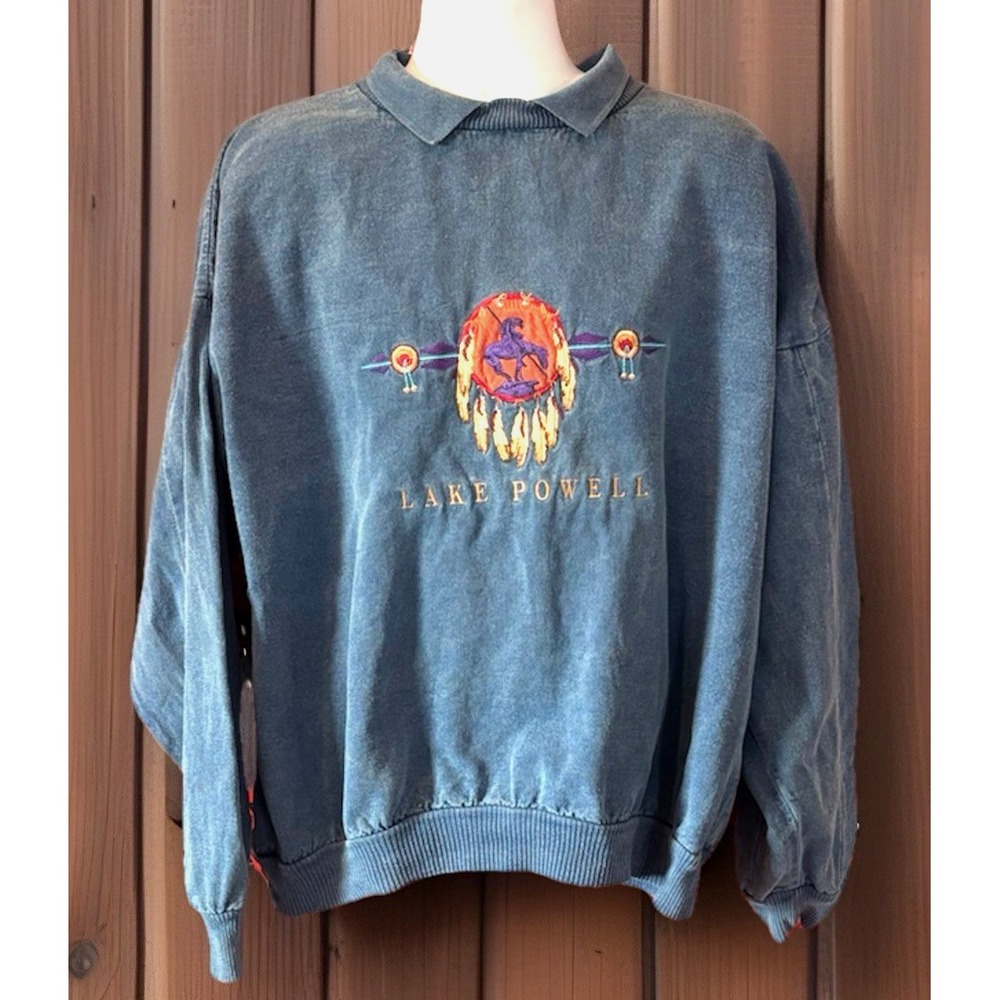Vtg Blue Denim Lake Powell Pullover Shirt Adult XL Embroidered Trail of Tears